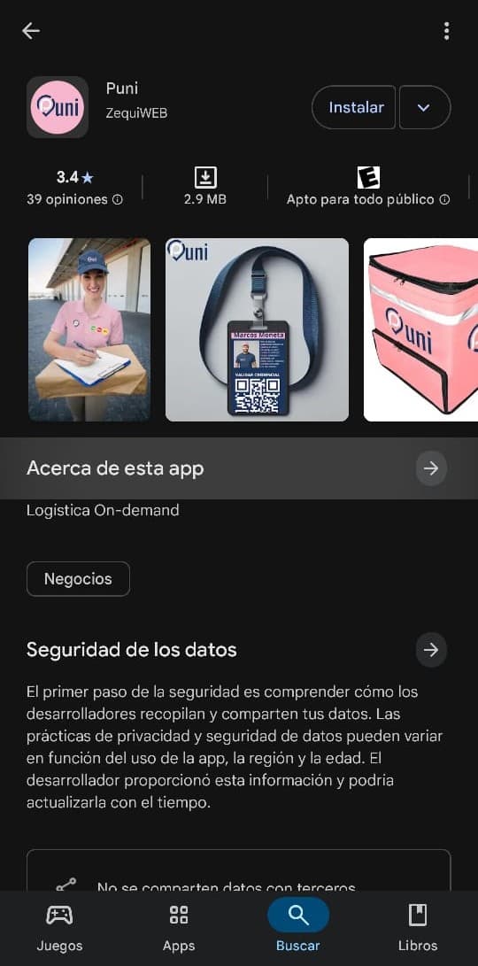 App móvil Puni - Pantalla de inicio de sesión y selección de rol